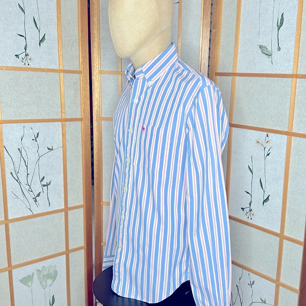 Abercrombie & Fitch Men’s Blue and Pink striped Muscle Dress Shirt Medium - Picture 4 of 11